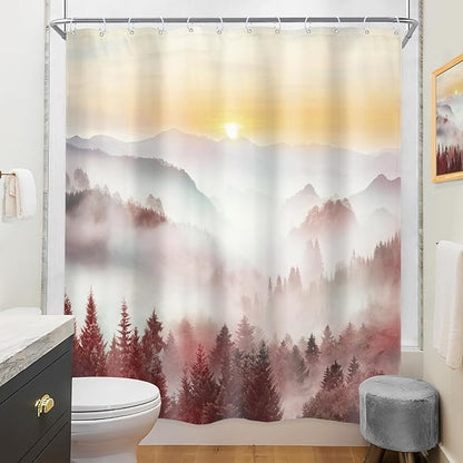Riyidecor Misty Mountain Shower Curtain 60Wx72H Inch Red Sunrise Nature Scenery Foggy Pine Tree Scenic Woodland Modern Natural Landscape Cool Bathroom Decor Fabric Polyester Waterproof 12 Pack Hooks