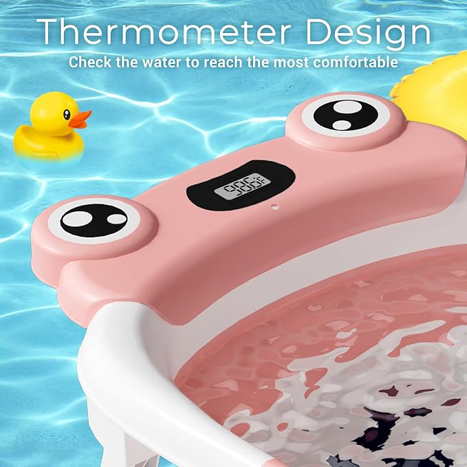 Baby Bathtub, Collapsible Newborn Bathtub for Infant to Toddler 0-24 Months with Soft Cushion and Thermometer,Portable Travel Newborn Tub with No-Slip Feet, Baby Shower Gifts,Pink