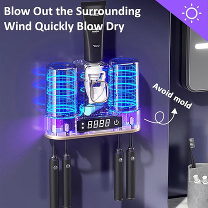 Toothbrush Holders for Bathrooms with Air-Drying, Toothbrush Sanitizer Holder with Smart Countdown LED Screen, 2 Cups Electric Toothbrush Holders Wall Mounted with Toothpaste Dispenser