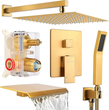 Wall Mounted Shower Faucet Set, Shower System with Tub Spout, 12 Inch Rainfall Shower Head with Handheld Spray, Waterfall Tub Spout Bathtub Faucet, Brushed Gold