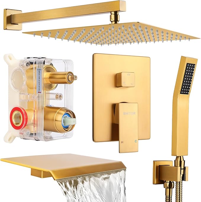 Wall Mounted Shower Faucet Set, Shower System with Tub Spout, 10 Inch Rainfall Shower Head with Handheld Spray, Waterfall Tub Spout Bathtub Faucet, Brushed Gold