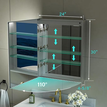 WELLFOR 24" X 30" LED Medicine Cabinet with Mirror, Single Left Opening Door, Recessed or Surface Cabinet Mirror, Bathroom Mirror Cabinet, Medicine Cabinet with Lights with Outlets & USB Ports