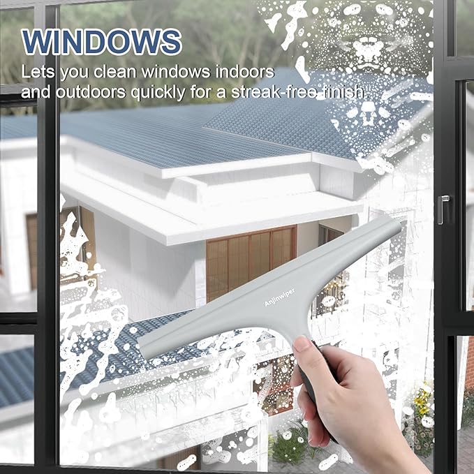 Silicone Shower Squeegee for Glass Doors with Hook, Window Squeegee for Shower Doors, Kitchen, Mirrors and Tiles, Glass Squeegee Bathroom Shower(10 inch, Gray)