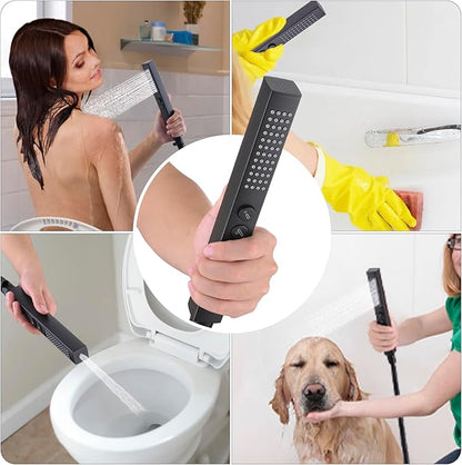 All-Metal High Pressure Square Handheld Shower Head with Jet Spray and Rainfall Modes, Volume Control Regulator, ON/OFF Switch, Hose and Wall Mounted Adjustable Bracket, Matt Black Color