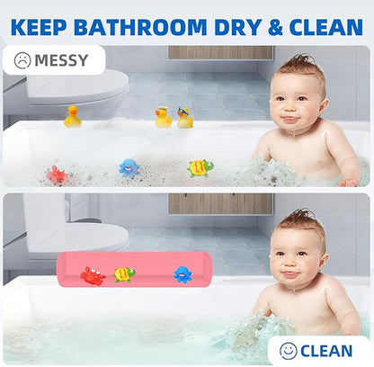 Splash Guard for Bathtub, 3.8" x 3.6" Silicone Bath Tub Splash Guard with 6 Suction Cups, Bathtub SplashGuard Play Shelf Area for Kids with 3°Drainage Slope for Faster Drying - Pink