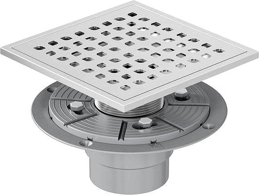Neodrain Square Shower Drain,6 inch Stainless Steel 304 Grate and PVC Drain Body, Grate with Brushed Nickel Finish, Kit Includes Hair Trap/Strainer,Lifting Hook and PVC Drain Base