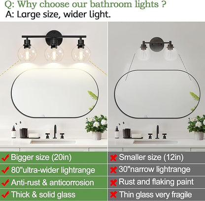 2025 Upgrade 3-Light Bathroom Light Fixtures, Black Bathroom Lights Over Mirror with Clear Glass Globe Shade, Vanity Lights for Bathroom Kitchen Living Room Hallway Cabinet Bedroom Porch.