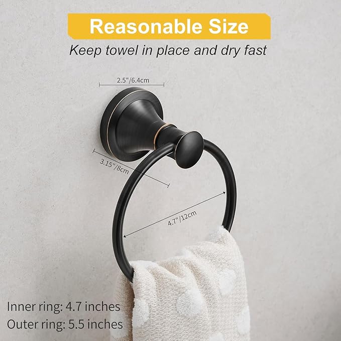 BESy Oil Rubbed Bronze Bathroom Hand Towel Ring Towel Holder, Rustproof Wall Mounted Bathroom Hardware Accessory SUS 304 Stainless Steel Towel Rack