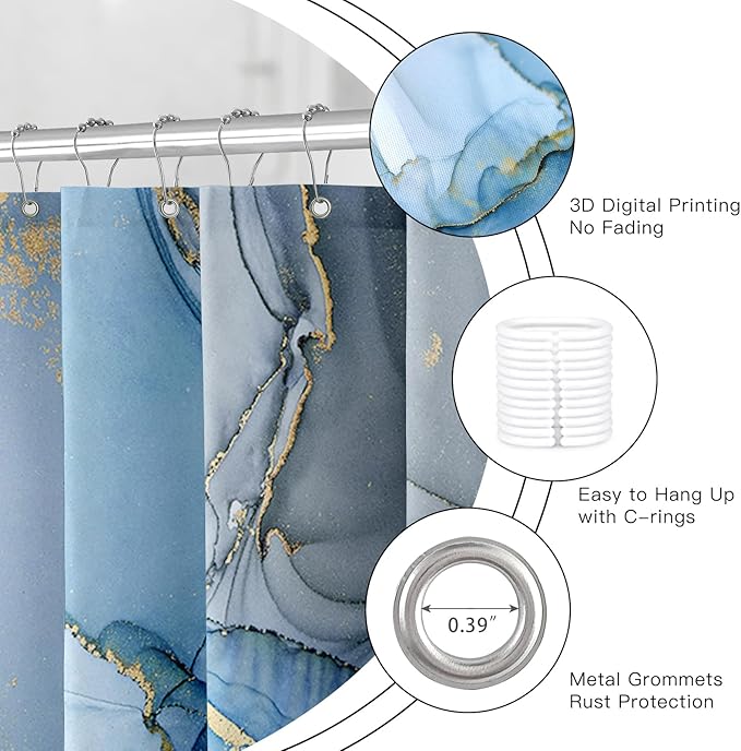 Blue Marble Shower Curtain 60x72, Modern Abstract Fabric Shower Curtains for Bathroom, Luxury Art Ink Texture Watercolor Cloth Shower Curtain Set with Hooks