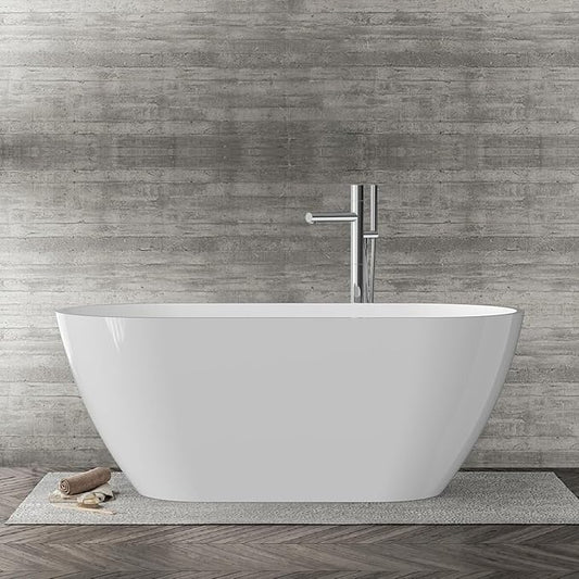 59''Acrylic Freestanding Bathtub Soaking Tub, Free Standing Bath Tub with Double-Walled Insulation, Ergonomic Deep Design, Glossy White, Matte Drain & Black Overflow, cUPC Certified Stand Alone Tub