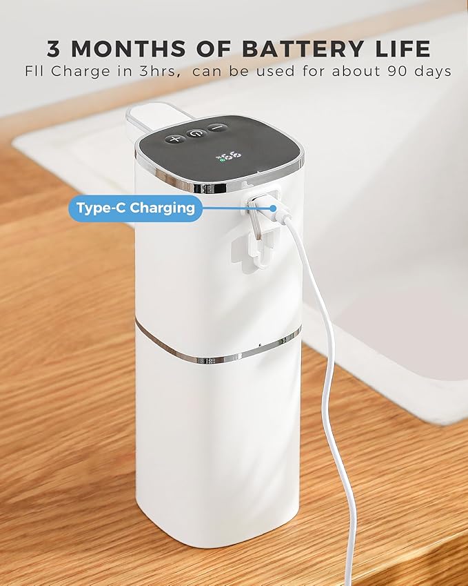 Automatic Liquid Soap Dispenser, 12.8oz Rechargeable, Adjustable Liquid Levels, IPX5 Waterproof, Touchless & Wall/Tabletop Use for Kitchen Bathroom, White