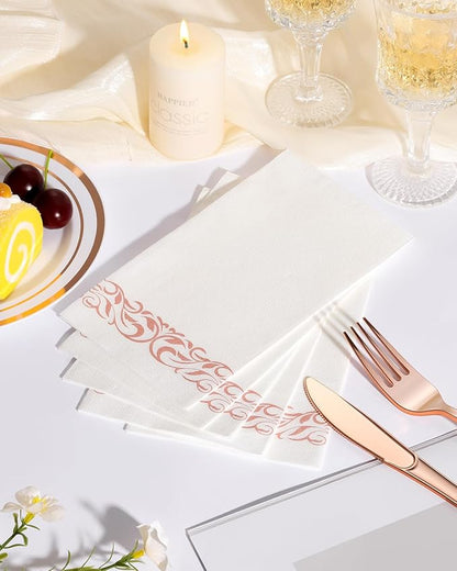 Goodluck 200 Pack 3-Ply Disposable Napkins - Soft & Absorbent Paper Hand Towels for Bathroom Guests, Dinner Party, Kitchen,Christmas， Wedding & Events, Parties - Rose gold Trim