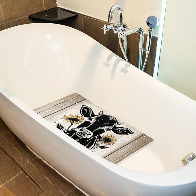 Bath Tub and Shower Mats, Non Slip Bathmat with Drain Holes and Suction Cups for Bathroom Floor, 15.1 x 26.8 Inch (Farm Animal Cow with Sunflowers on Wooden Background)
