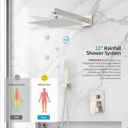 EMBATHER Shower System 12" Shower Faucet Set for Bathroom Luxury Rain Mixer Combo Set Wall Mounted Rainfall Square Shower Head, Easy Installation, Contain Rough-in Valve & Trim, Brushed Nickel