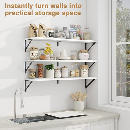 Fun Memories Long Wall Shelves for Bedroom, Set of 3 Large 40-Inch Floating Bookshelves, Rustic Wood Display Shelf for Home and Office (White)