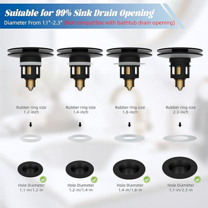 Hibbent 2 Pack All Metal Upgraded Bathroom Sink Stopper, Universal Pop Up Sink Drain Strainer, Brass Bullet Core Push Type Sink Stopper for 1.1''~2.3''' Basin, Anti Clogging Drain Filter, Matte Black
