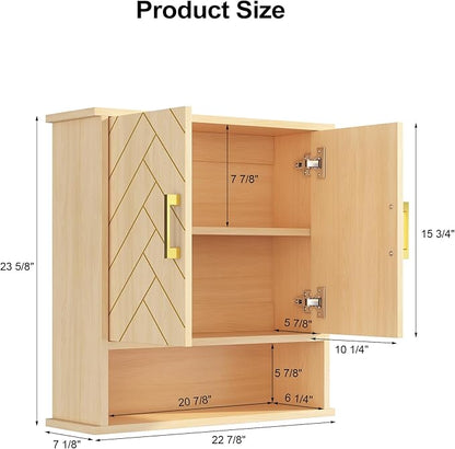 Natural Chevron Pattern Bathroom Wall Mount Cabinet, Gold Accent Hanging Medicine Cabinet with Open Shelf, Over The Toilet Storage Organizer for Home (23 5/8" x 22 7/8" x 15 3/4")