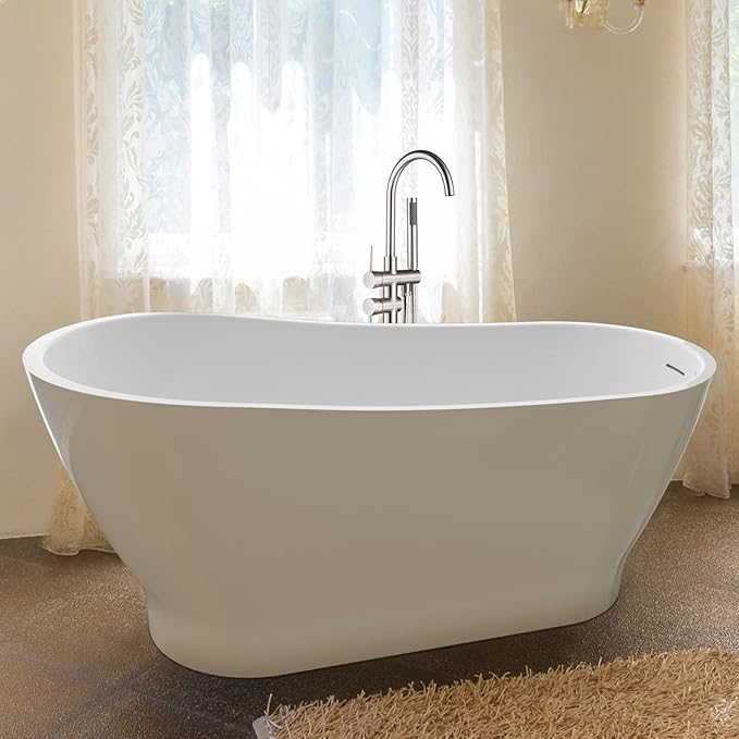 67" Acrylic Freestanding Bathtub, Elegant Skirted Free Standing Tub, Soaking Tub with Integrated Slotted Overflow, Toe-Tap Chrome Drain, cUPC Certified, Glossy White