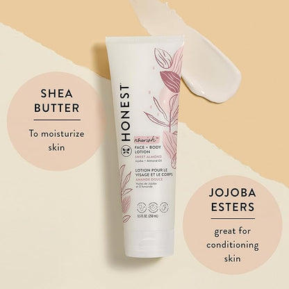 The Honest Company 2-in-1 Cleansing Shampoo and Body Wash Face Lotion Bundle Gentle for Baby Naturally Derived Sweet Almond Nourish 18.5 fl oz