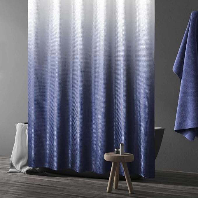 Gibelle Waffle Weave Ombre Fabric Shower Curtain Navy Blue Bathroom Decor Accessories Set with Hooks, Water Repellent and Machine Washable, 72 x 72