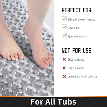 Yimobra Non Slip Bath Mat, Super Strong Suction Cups,34.5"x15.5"Long Tub Mat with Drain Holes, Machine Washable Fast Draining Shower Mats, Bathroom Essentials,Clear Gray