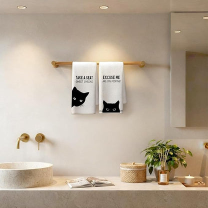 Funny Black Cat Bathroom Hand Towels, Cat Bathroom Decor, Sweet Cheeks Funny Kitten Kitty Decorative Hand Tea Towels for Washroom Restroom, 16x24 Inches Set of 2