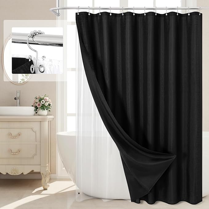 MitoVilla 3 in 1 Shower Curtain Set, Black Boho Farmhouse Linen Textured Bath Curtain and Clear PEVA Liner Set with 12 Double Sided Steel Hooks, Waterproof Fabric Hotel Bathroom Curtain - 72x72