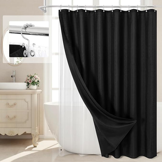 MitoVilla 3 in 1 Shower Curtain Set, Black Boho Farmhouse Linen Textured Bath Curtain and Clear PEVA Liner Set with 12 Double Sided Steel Hooks, Waterproof Fabric Hotel Bathroom Curtain - 72x72