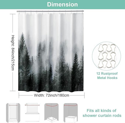 ORTIGIA 84 Inch Long Dark Green Misty Forest Shower Curtain for Bathroom, Nature Woodland Shower Curtain Set with Metal Hooks, Decorative Pine Tree Fog Magic Bath Curtain, Weighted, 72x84