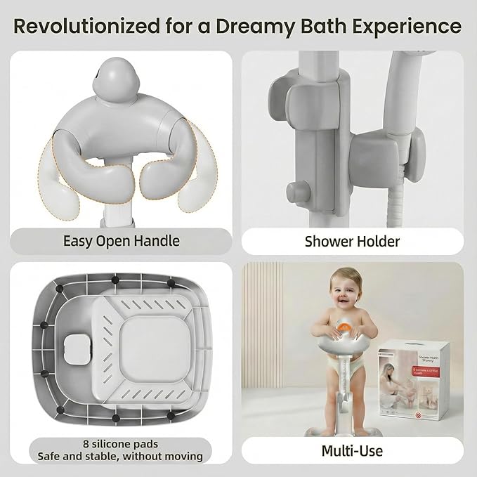 Baby Bath Stand with Built-in Seat - Duck Design - Anti-Slip Base - Baby Shower Stand for Sitting or Standing (Gray)