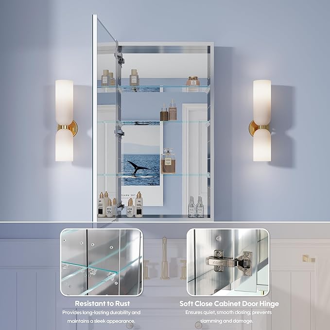 WELLFOR 20" x 36" Bathroom Medicine Cabinet, Anodized Chrome Aluminum Frame, Medicine Cabinet with Adjustable Glass Shelves, Bathroom Cabinet with Reverse Door Installation, Surface or Recess Mount