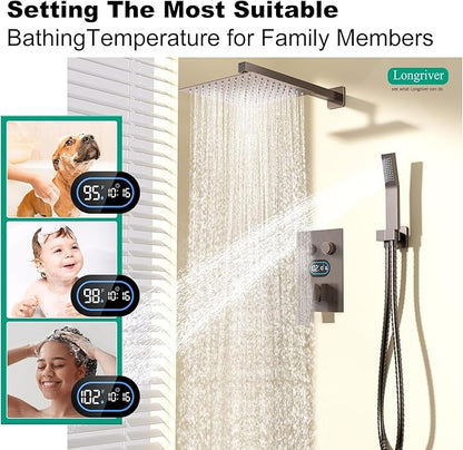 Push Button Diverter Shower Faucet Set Hydro Power Temperature Display, Shower System 10 Inches Shower Head with Handheld Spray, Wall Mounted Shower Fixtures with Valve and Trim Kit, Oil Rubbed Bronze