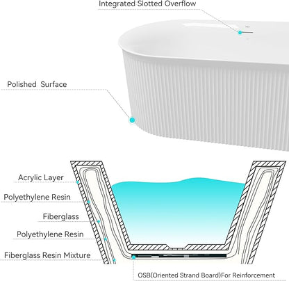 FerdY Nami 67" Acrylic Freestanding Bathtub, V Shape Freestanding Soaking Acrylic Bathtub, Modern White, cUPC Certified, Brushed Nickel Pop-Up