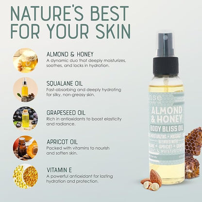 Rinse Bath & Body Almond & Honey Body Oil Moisturizer Spray - Natural Lightweight Fast Absorbing with Squalane, Grapeseed, Apricot & Vitamin E Oil for All Skin Types, 4 fl oz