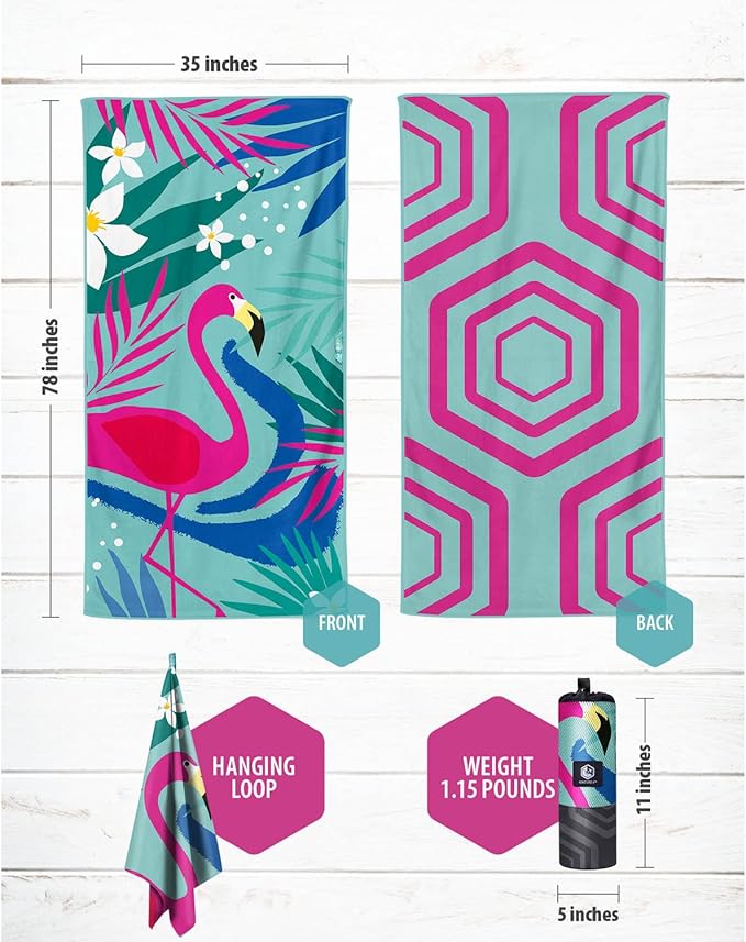 VENTURE 4TH Microfiber Beach Towel: Quick-Dry, Compact, Sand-Free, Absorbent, Sandproof and Lightweight - Perfect for Camping, Beach, and Roadtrips (Turquoise Flamingo Design | 35x78 inches)