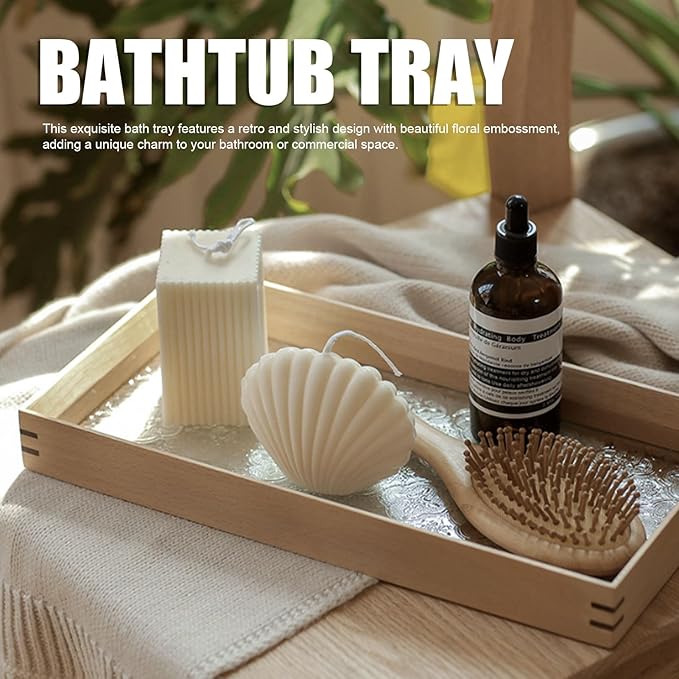 Zunate Beech Wood Bathtub Tray with Floral Embossment, Rustic Tub Caddy Holder for Wine Glass, Book,Candles, Bathroom Storage Organizer for Relaxing Bath