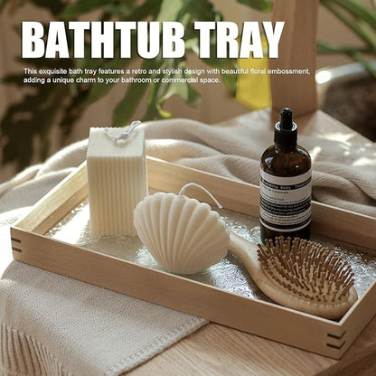Zunate Beech Wood Bathtub Tray with Floral Embossment, Rustic Tub Caddy Holder for Wine Glass, Book,Candles, Bathroom Storage Organizer for Relaxing Bath