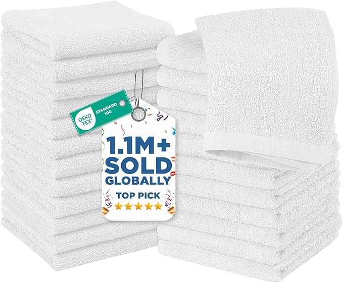 DAN RIVER 24 Pack Wash Cloths for Showering [12x12] - 100% Cotton Washcloths Premium Quality Flannel Face Cloths for Bathroom, Highly Absorbent and Soft Feel Wash Clothes, White