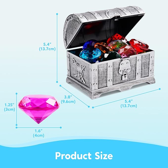 Sloosh Diving Gems Pool Toys,16 Big Colorful Diamond with Pirate Treasure Chest,Swim Dive Toy for Kids Underwater Gemstone Swimming Training Gift Water Toys Pool Games(Silver)