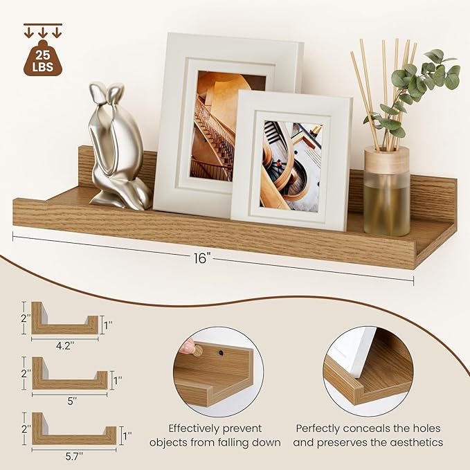 Heimlove Floating Shelves Set of 6, 16" Wall Mounted Picture Ledge, Display Shelf Organizer for Decor Storage, Wall Mounted Shelves for Living Room, Bedroom, Bathroom, Kitchen (Oak)