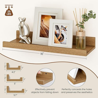 Heimlove Floating Shelves Set of 6, 16" Wall Mounted Picture Ledge, Display Shelf Organizer for Decor Storage, Wall Mounted Shelves for Living Room, Bedroom, Bathroom, Kitchen (Oak)