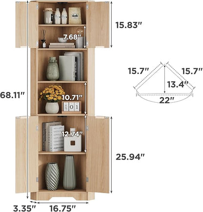 Fameill Tall Corner Cabinet with 2 Doors and 2 Open Storage Shelves, 68” Corner Storage Cabinet with Fluted Door Design, Home Space Saver for Living Room, Bathroom, Kitchen, Laundry, Natural Oak Color