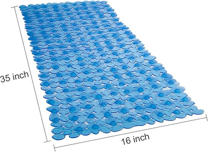WELTRXE Non Slip Bathtub Mat, 35 x 16 Inches Bathroom Pebbles Shower Mat with Suction Cups, Drain Holes, Suction Bath Mats for Tub Machine Washable - Clear Blue