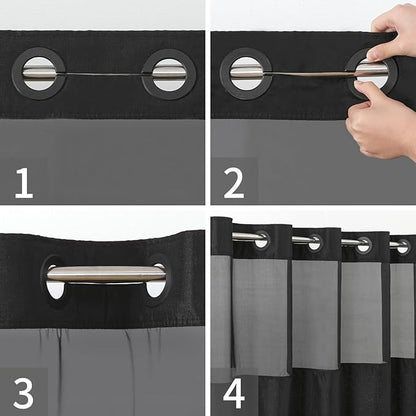 Long No Hooks Needed Linen Textured Shower Curtain with Snap-in Fabric Liner Set,Black Hotel Luxury Decor Shower Curtains for Bathroom,Waterproof & Washable,71Wx80H
