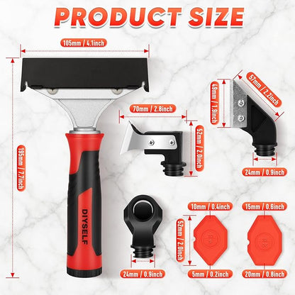 DIYSELF Caulking Tool, 4 in 1 Caulk Remover Tool for Bathroom, Bathtub, Grout, Shower, Tile, Window, Razor Scraper Tool for Cleaning, Silicone Caulk Removal Tool (Red)