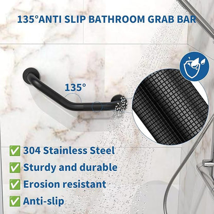 16 Inch Angled Shower Grab Bar Black, Munzong 2 Pack Anti Slip Bathroom Grab Bar, Knurled Bathroom Balance Bar,Safety Hand Rail Support Handicap Elderly Injury Senior Assist Bath Handle-1.25” Tube