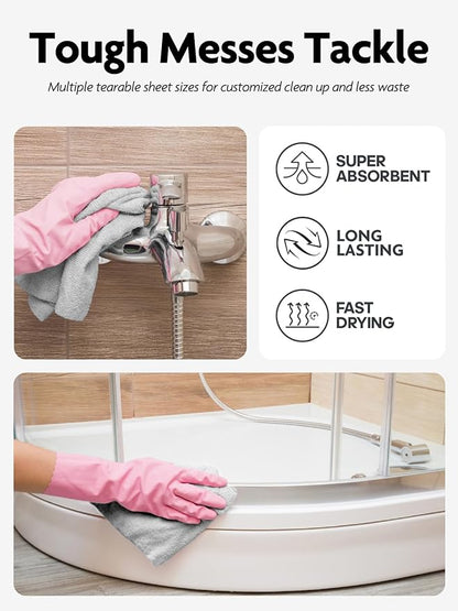 Fantasticlean Microfiber Cleaning Cloth Roll -60 Pack, Tear Away Microfiber Towels, 12" x 12", Reusable, Washable, Scratch Free, Ultra Absorbent Dishcloth for Car, Home Supplies (Pink & Grey)