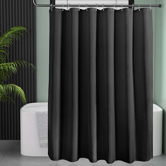 AmazerBath Waffle Shower Curtain, Heavy Duty Fabric Shower Curtains with Waffle Weave Hotel Quality Bathroom Shower Curtains, 72 x 78 Inches (Black)