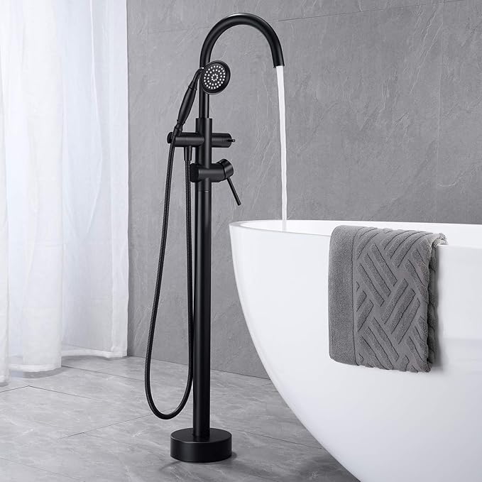 Tub Filler Freestanding Bathtub Faucet Black Floor Mounted Brass Bathroom Tub Faucets with Hand Shower