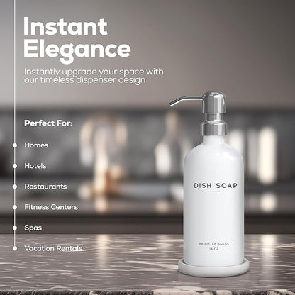 White Glass Dish Soap Dispenser for Kitchen Sink by Brighter Barns - Modern Kitchen Soap Dispenser Set - Refillable Glass Bottle with Pump - Neutral Minimalist Home Decor in Airbnb, Restaurant (White)
